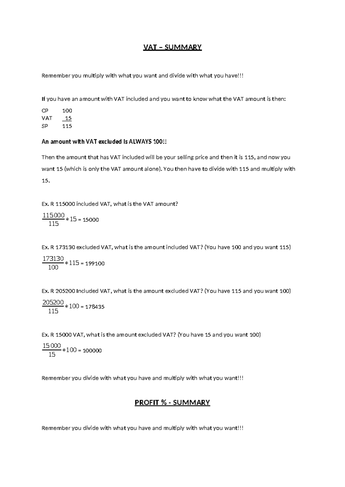 VAT and profit summary calculations for financial analysis - Studocu