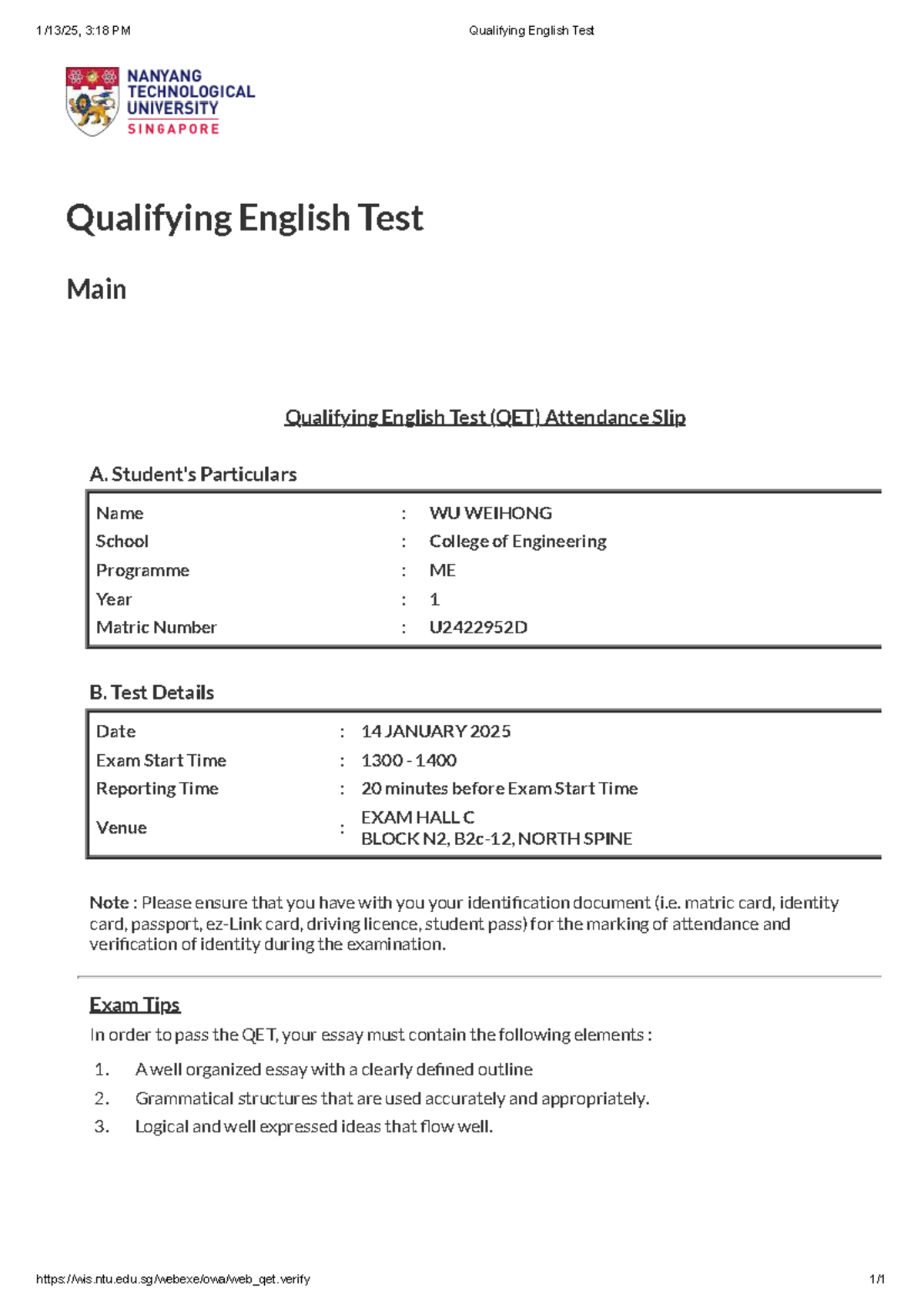 Qualifying English Test (QET) Attendance Slip & Exam Tips - Studocu