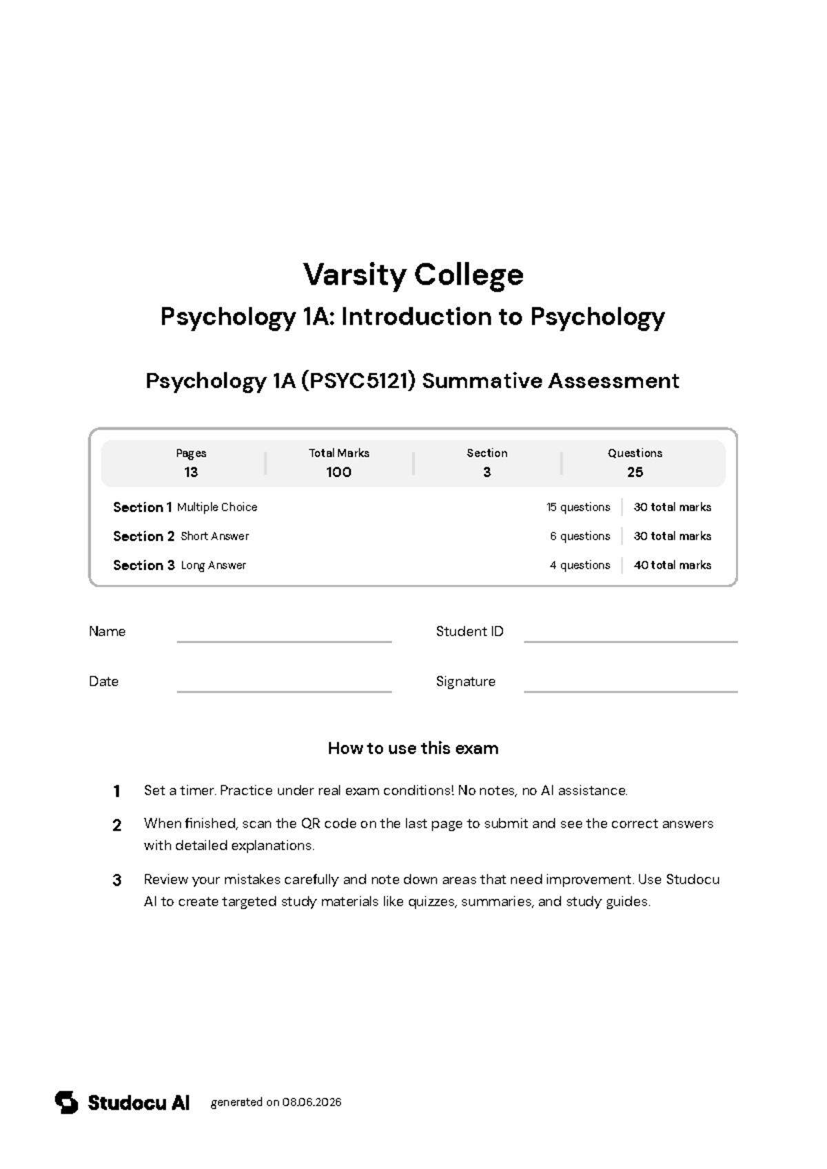 Psychology 1A (PSYC5121) Final Exam - Studocu