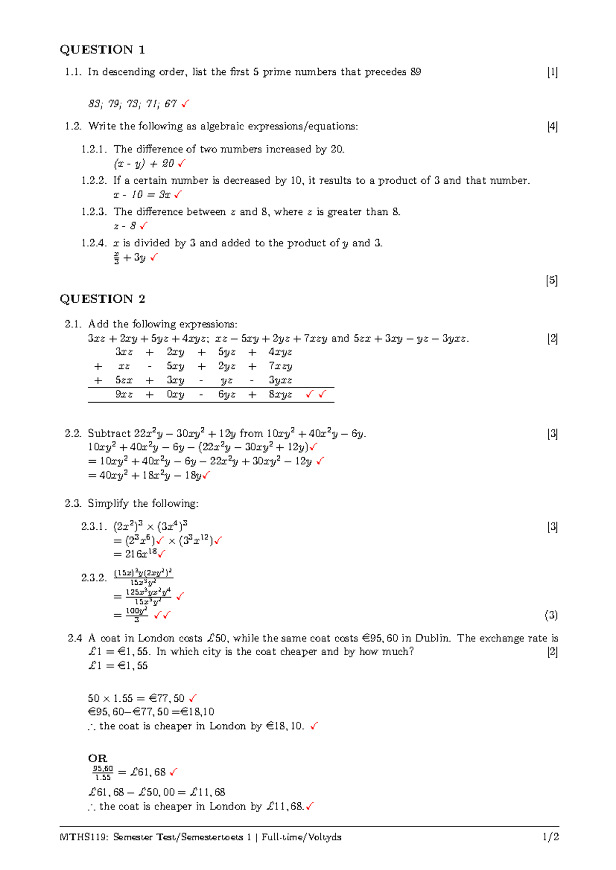 MTHS119: Semester 1 test memo with solutions and explanations - Studocu