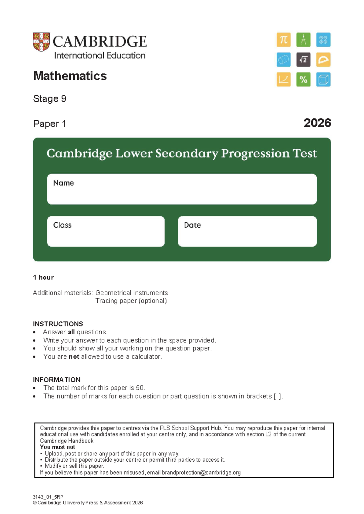 Mathematics Stage 9 Practice Paper 1 - 2026 (1 Hour) - Document Preview
