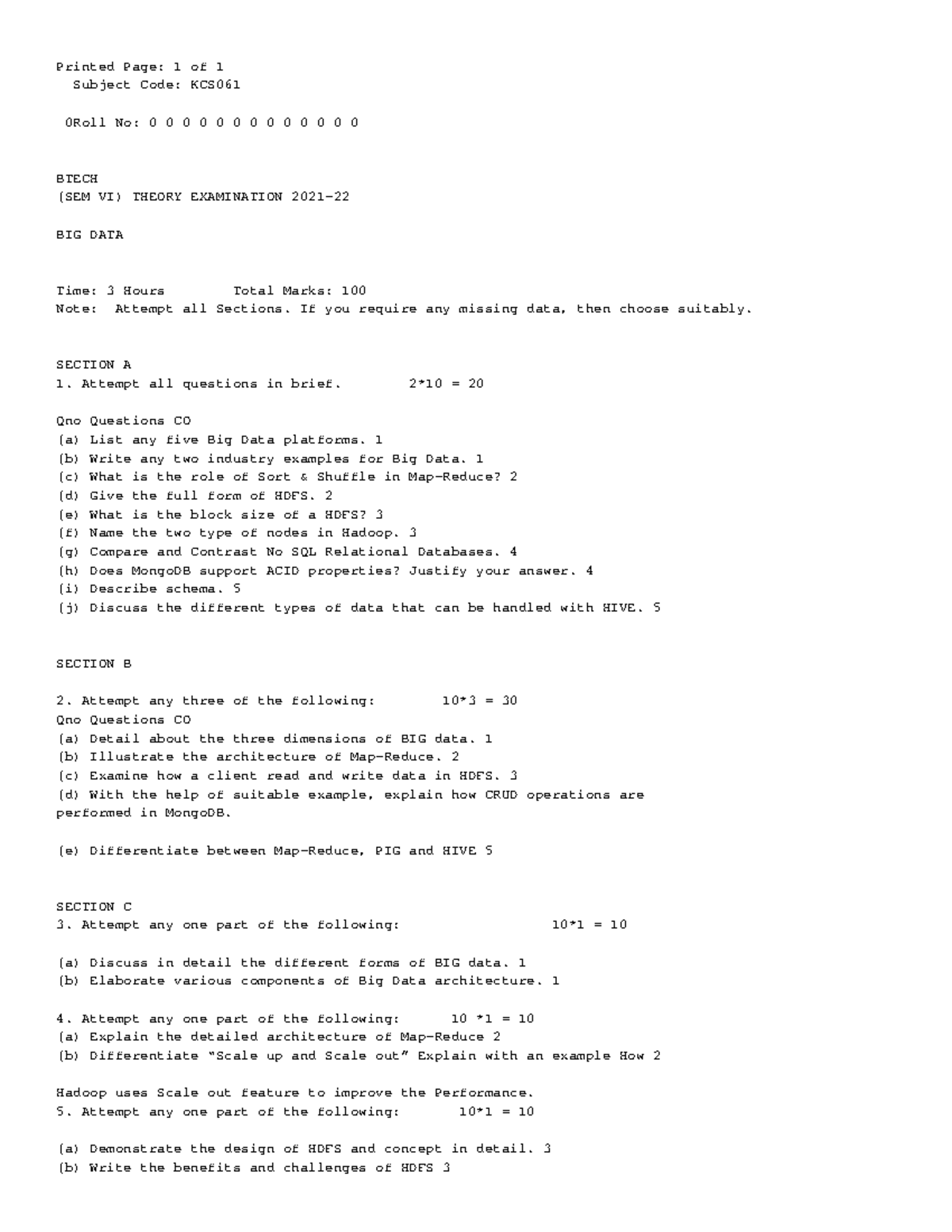 BTECH (SEM VI) Big Data Theory Exam Questions and Answers - Studocu