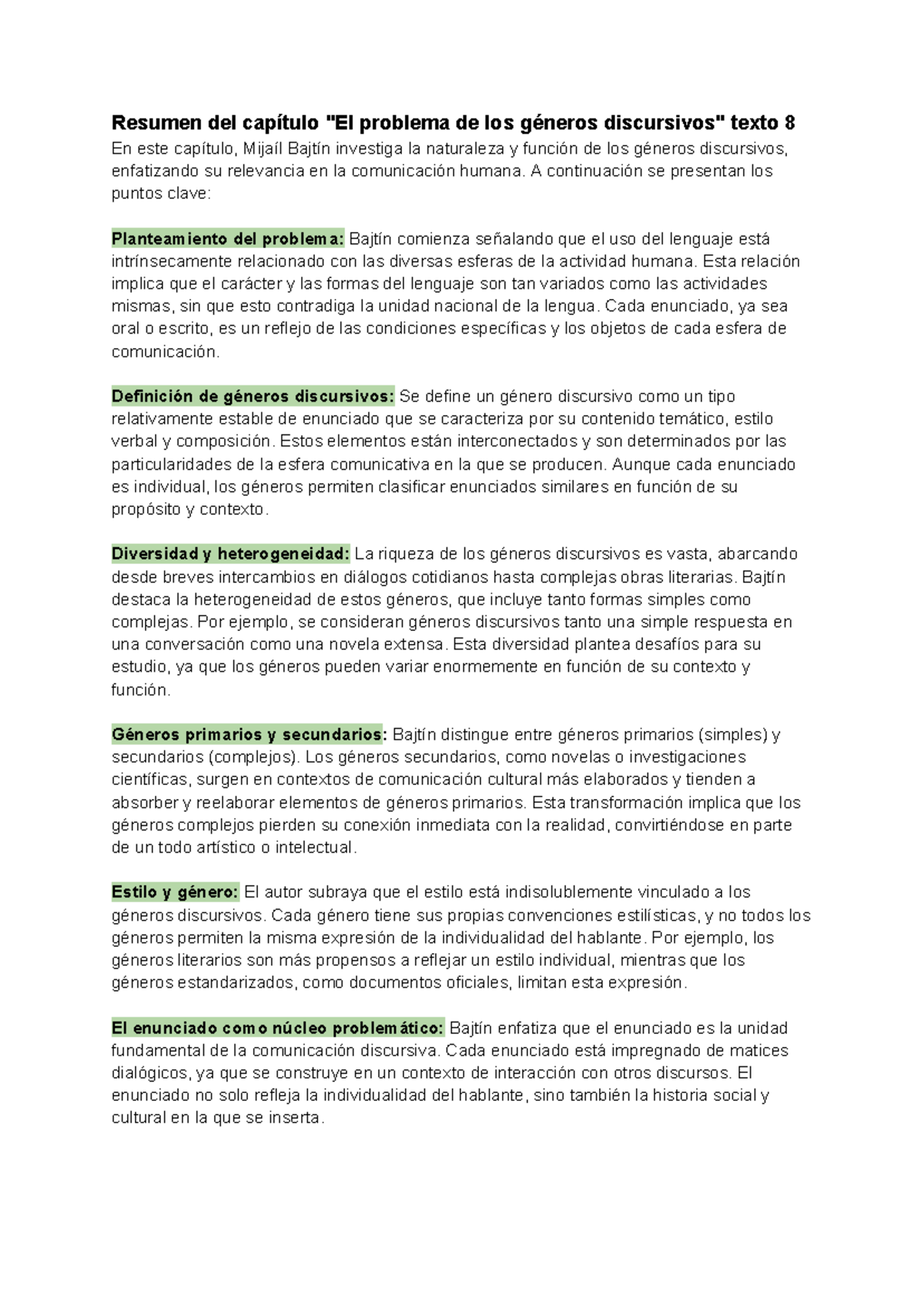 Resumen de "El Problema de los Géneros Discursivos" - Texto 8 UBA XXI - Document Preview