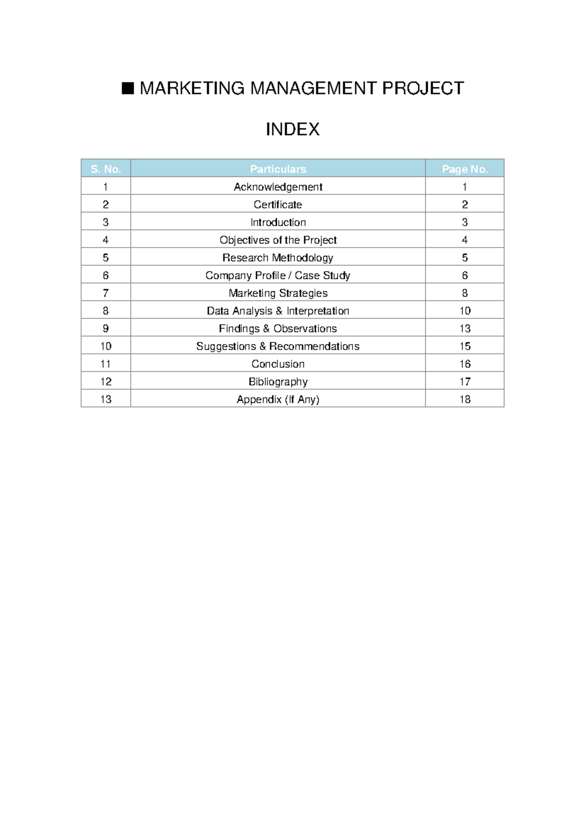 Marketing Management Project Index - Alternating current - n MARKETING ...