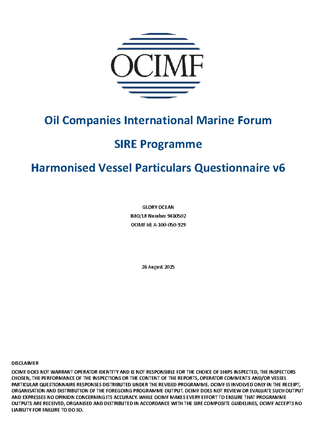 Vessel Particulars Questionnaire for GLORY OCEAN (IMO: 9480502) - HVPQ ...