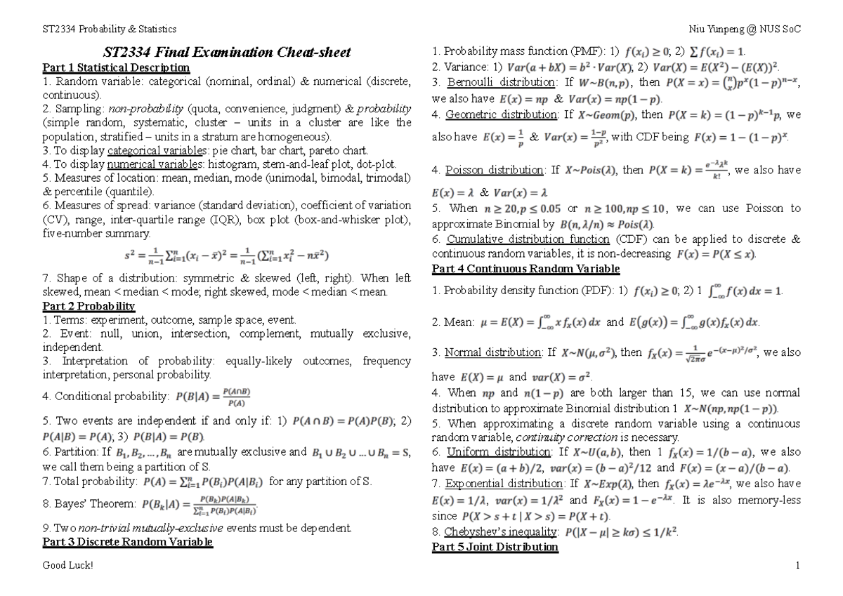 ST2334 Final Exam Cheatsheet: Probability & Statistics Overview - Studocu