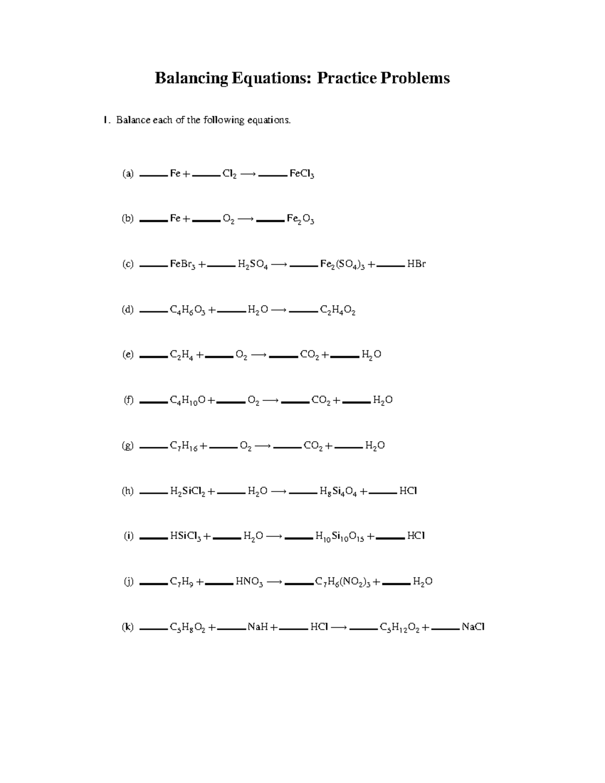 Balancing Equations: Practice Problems & Solutions - Studocu