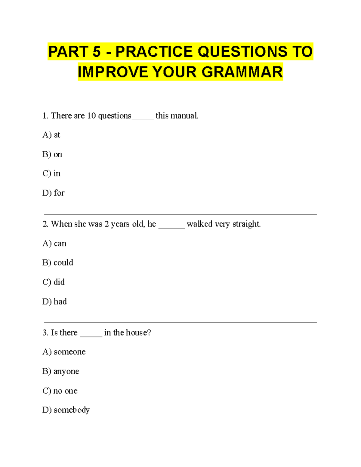 PART 5 - Grammar Improvement Practice Questions - Studocu