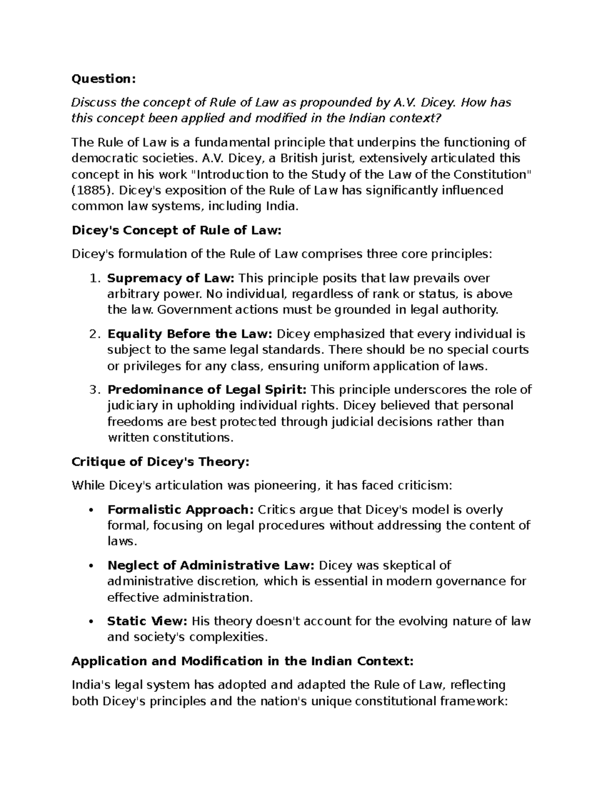 Adm Law Q&A: Rule of Law & Separation of Powers in India - Studocu