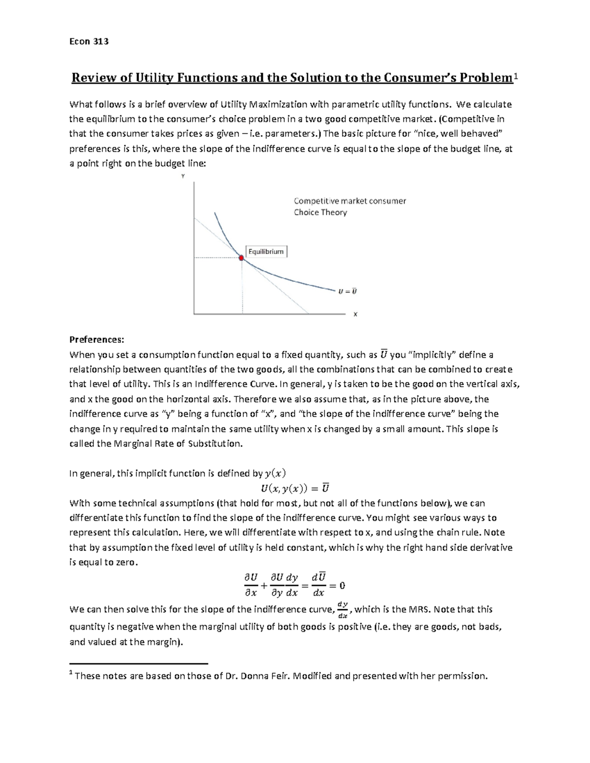 Utility Functions Overview for Econ 313: Consumer Choice Analysis - Studocu
