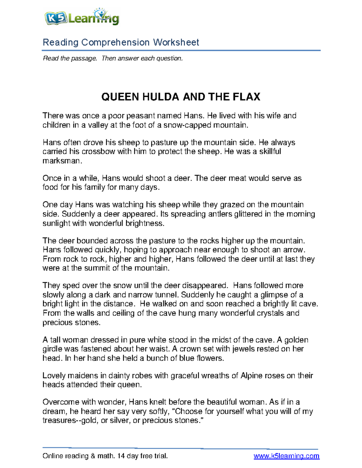 Grade 5 Reading Comprehension Worksheet: Queen Hulda's Tale - Studocu