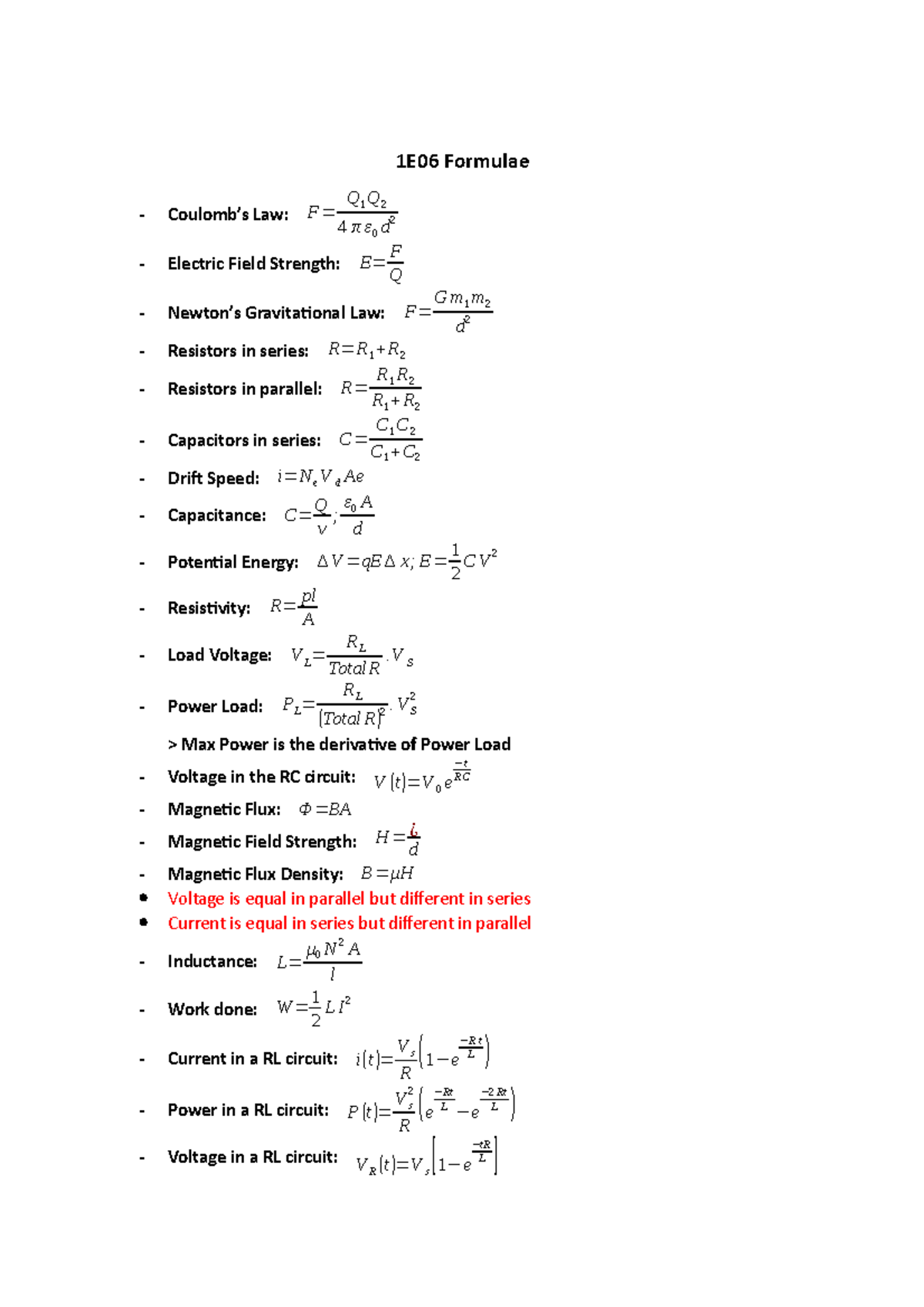 1E06 Study Sheet - Harte - 1E06 Formulae Coulomb’s Law: F= Q 1 Q 2 4 πε ...
