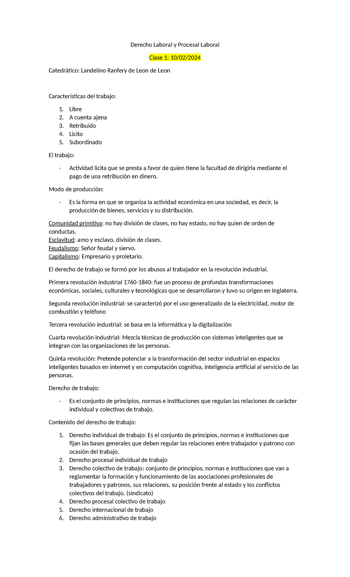 Derecho Laboral y Procesal Laboral - Clase 1 - Catedrático L. Ranfery - Document Preview