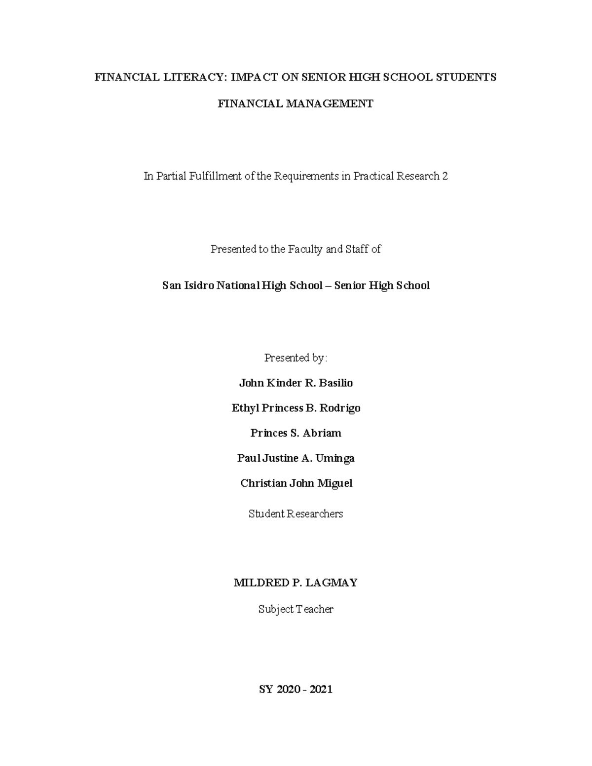 Impact of Financial Literacy on Senior High Students (Practical ...