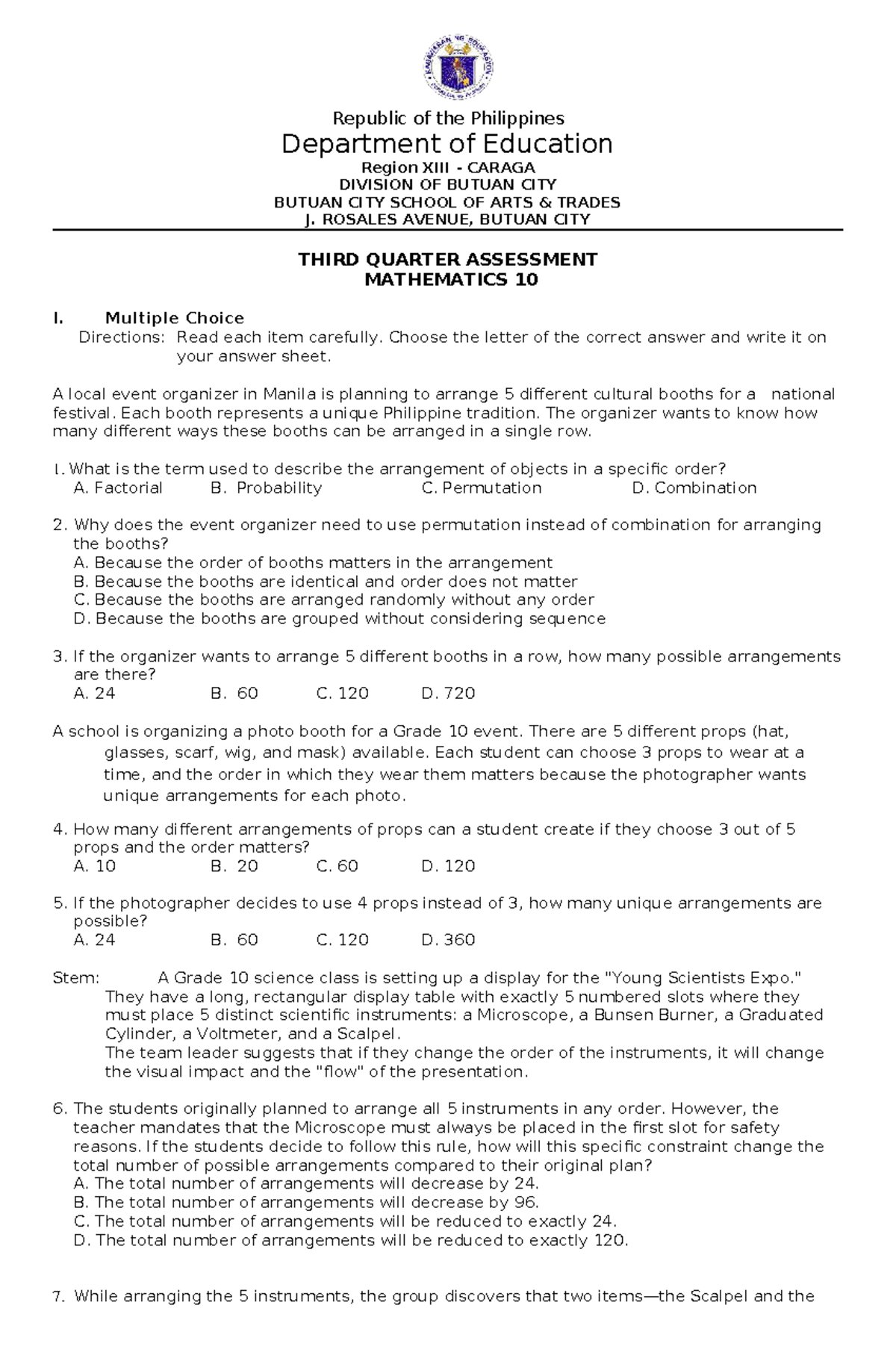 TQ Third Quarter Exam Mathematics 10: Assessment & Problem Solving ...