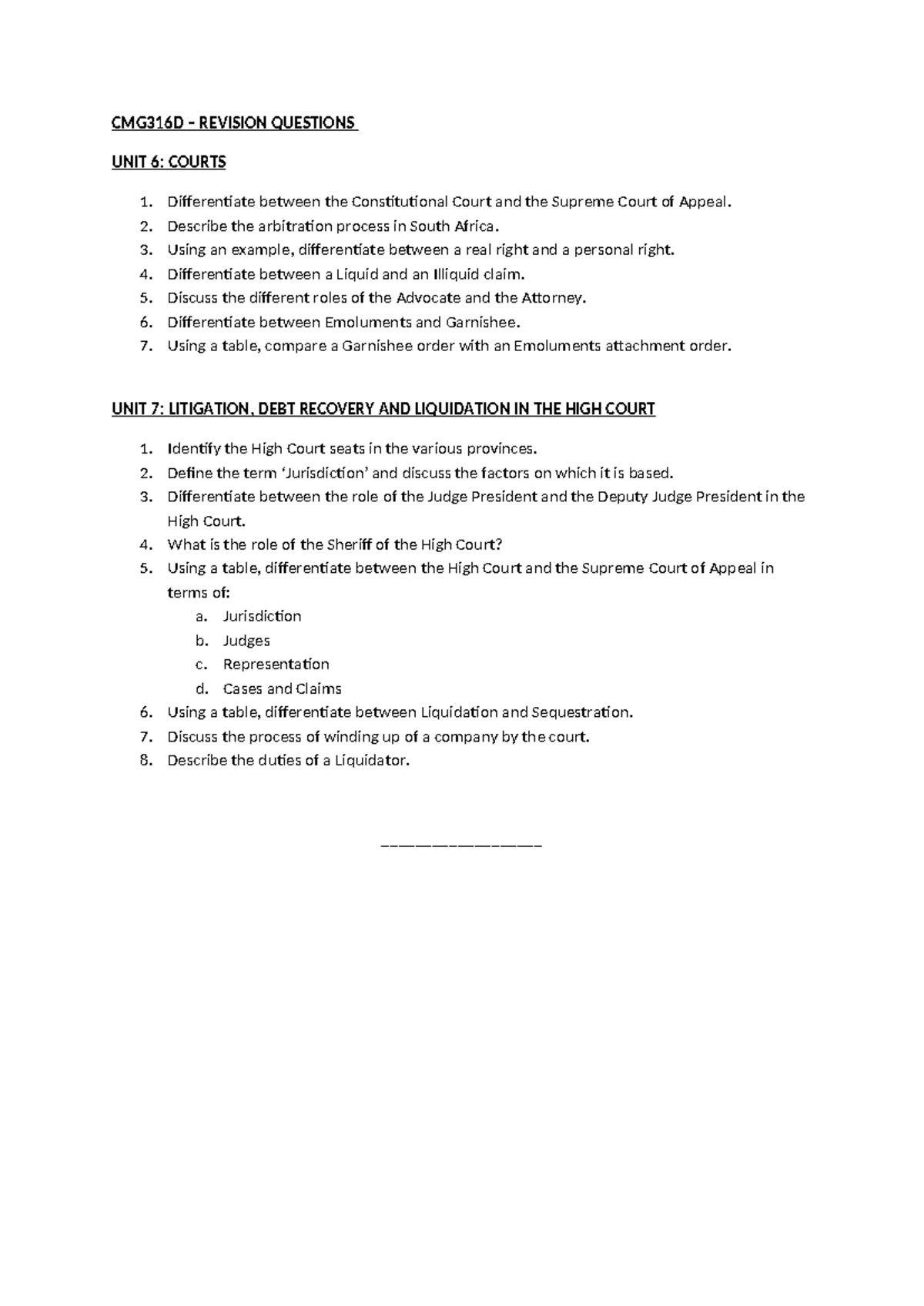 CMG316D - Revision Questions for Units 6 & 7: Courts & Litigation - Studocu
