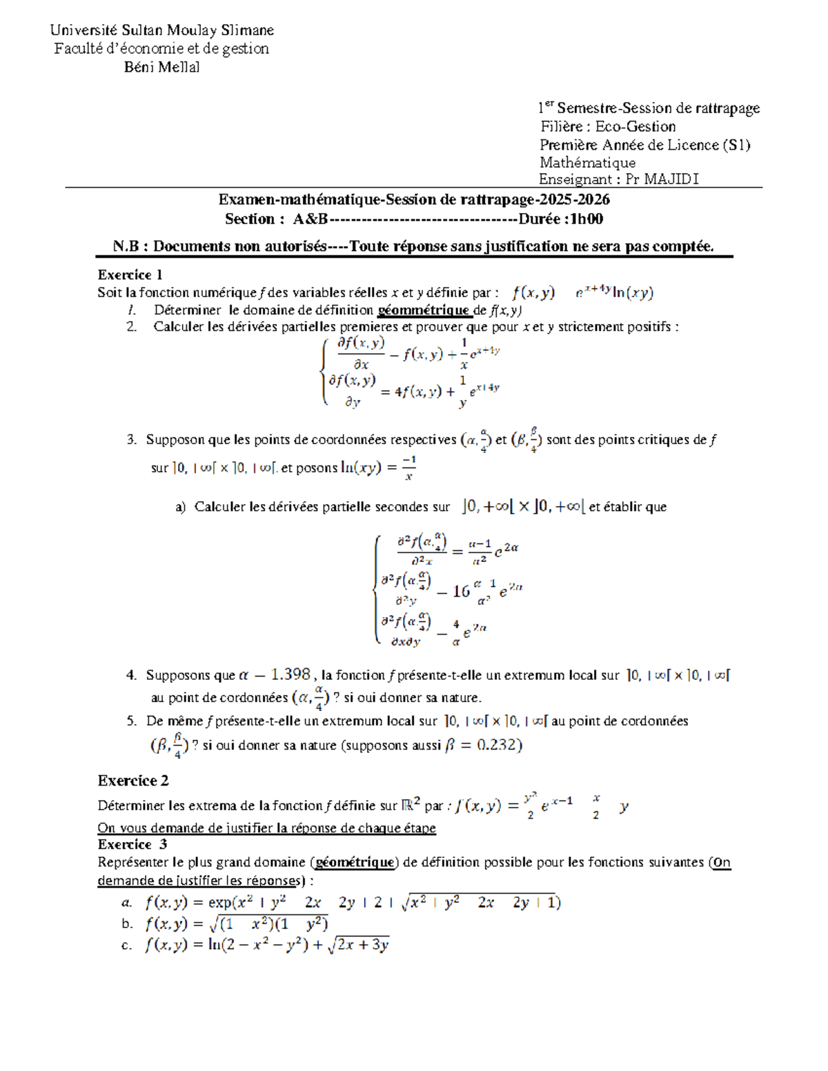 Examen de Rattrapage MATH S1 - Université Sultan Moulay Slimane - Studocu