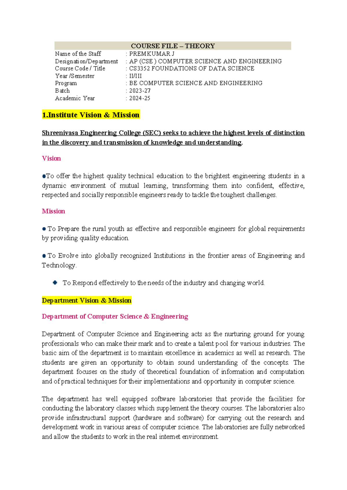 Course FILE fods - good - COURSE FILE – THEORY Name of the Staff ...