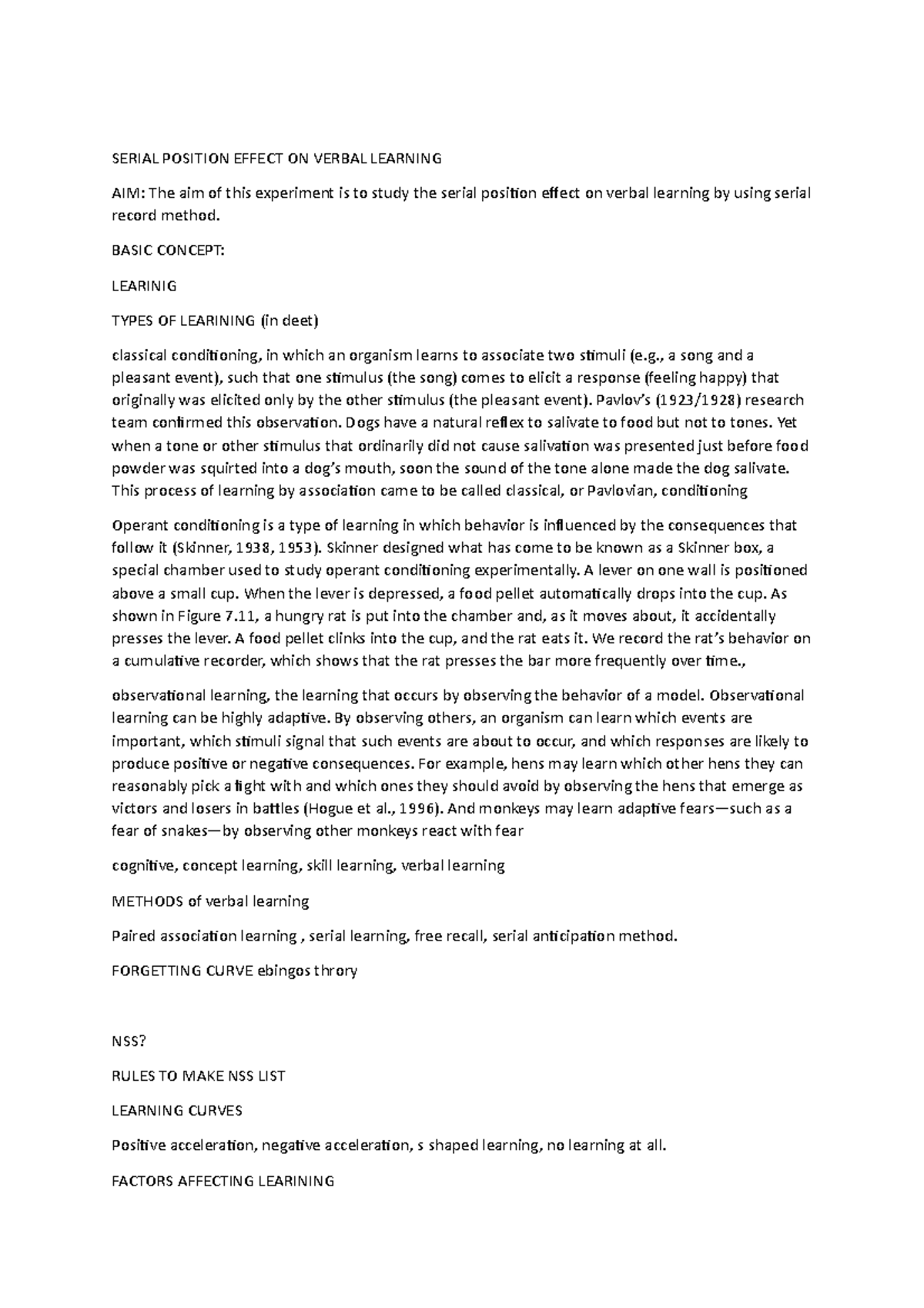 Psychology Practicals - Serial Position Effect on Verbal Learning - Studocu