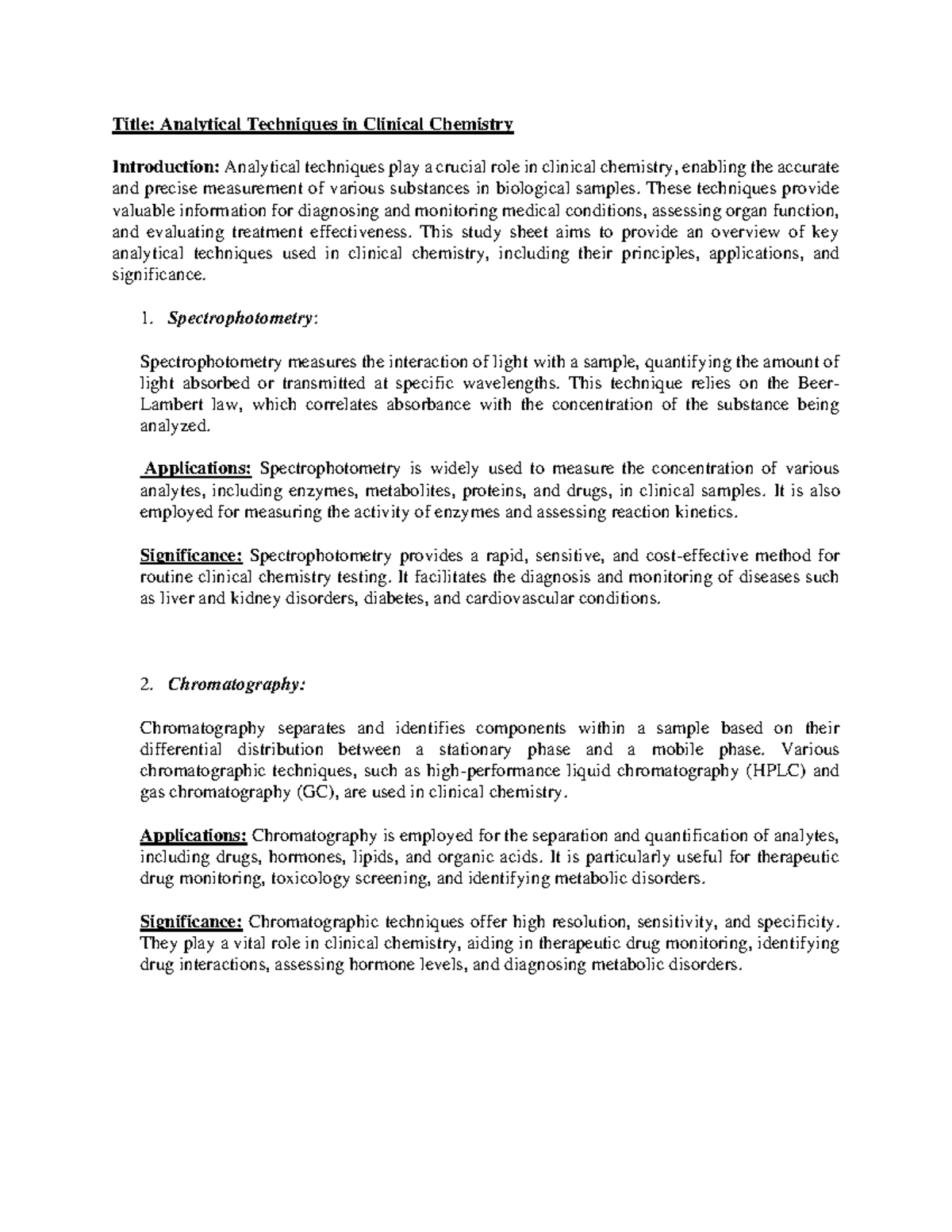CC - Key Analytical Techniques in Clinical Chemistry Overview - Studocu