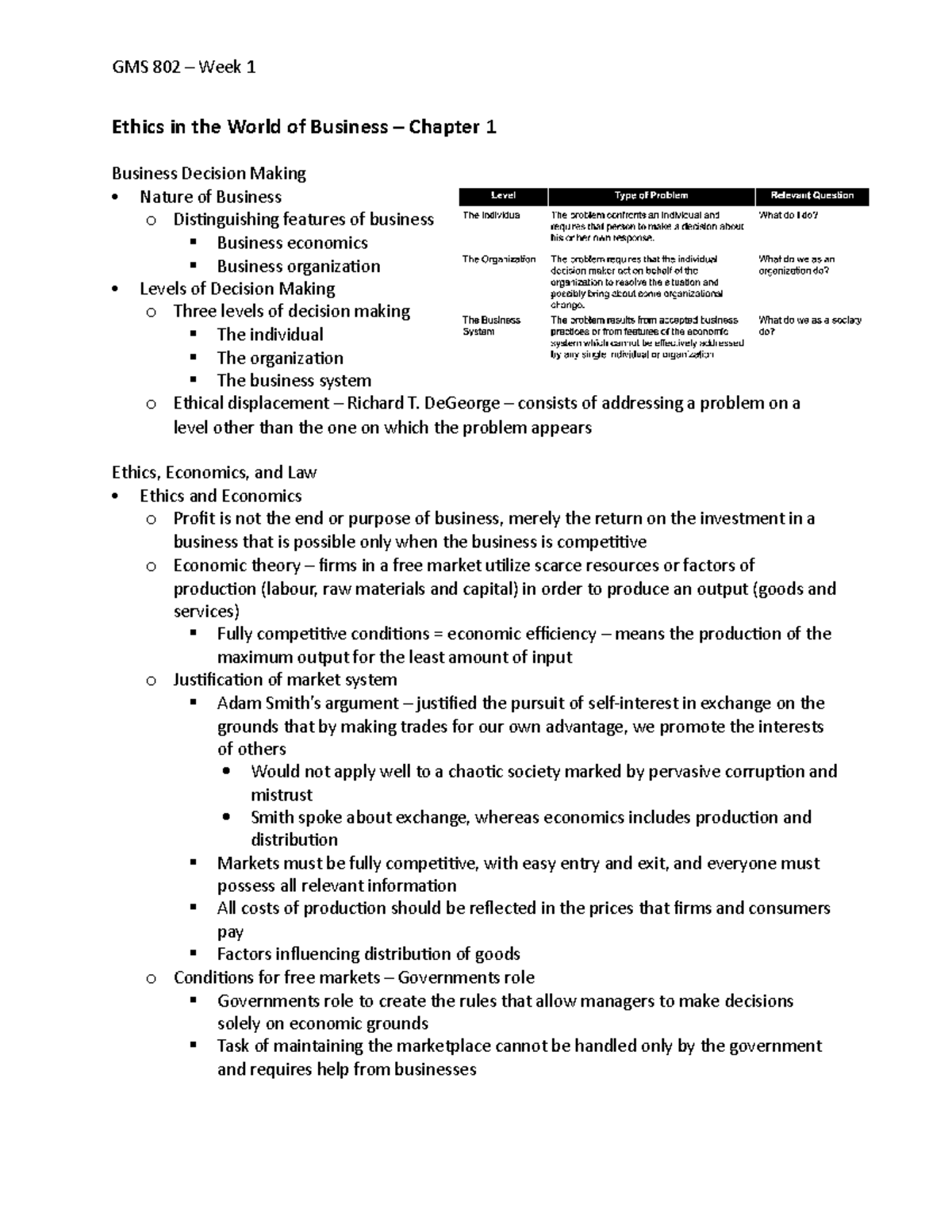 GMS 802 - Week 1 - Lecture Notes on Business Ethics and Decision Making ...