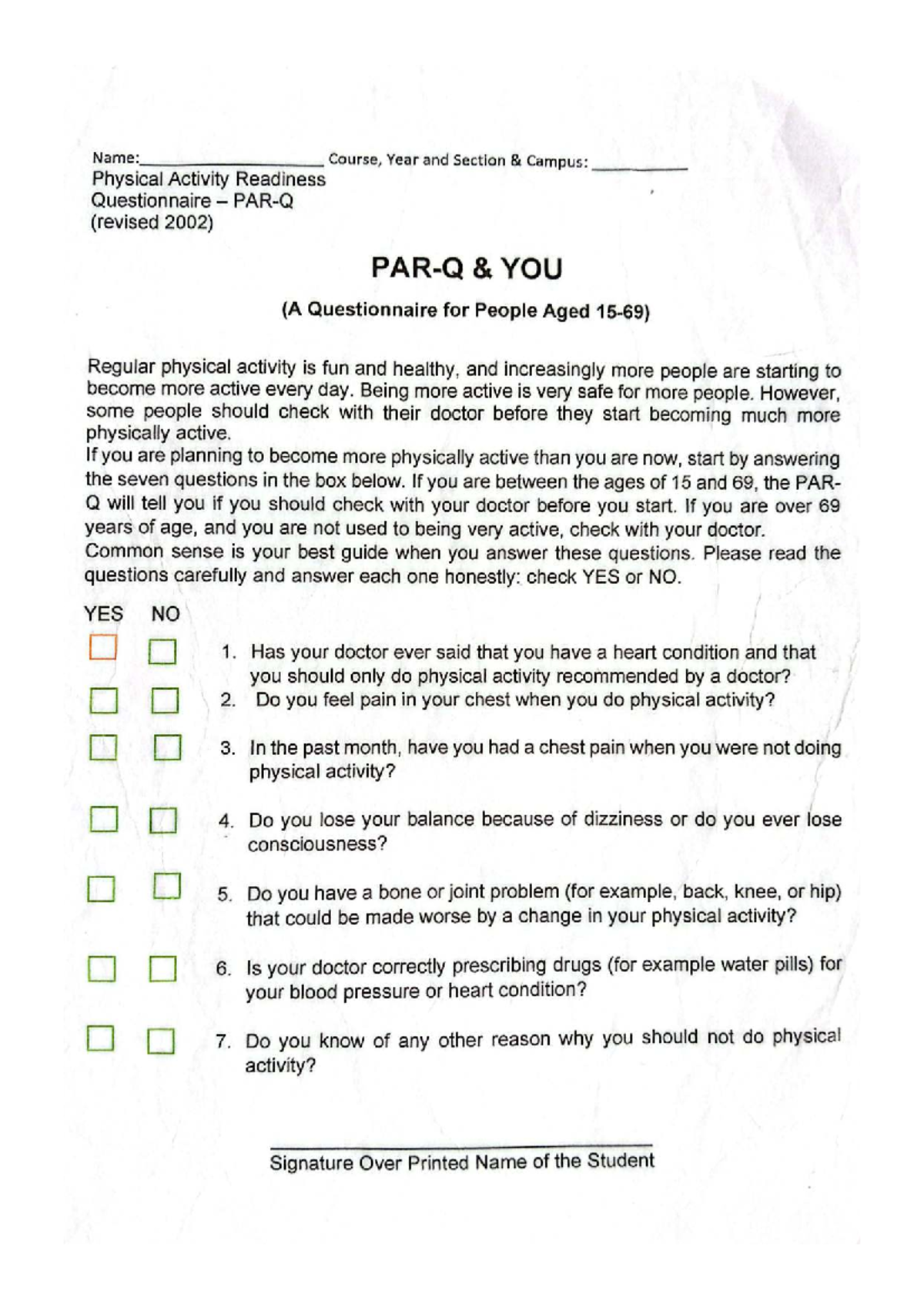 PAR-Q - Physical Activity Readiness Questionnaire (Revised 2002) - Studocu