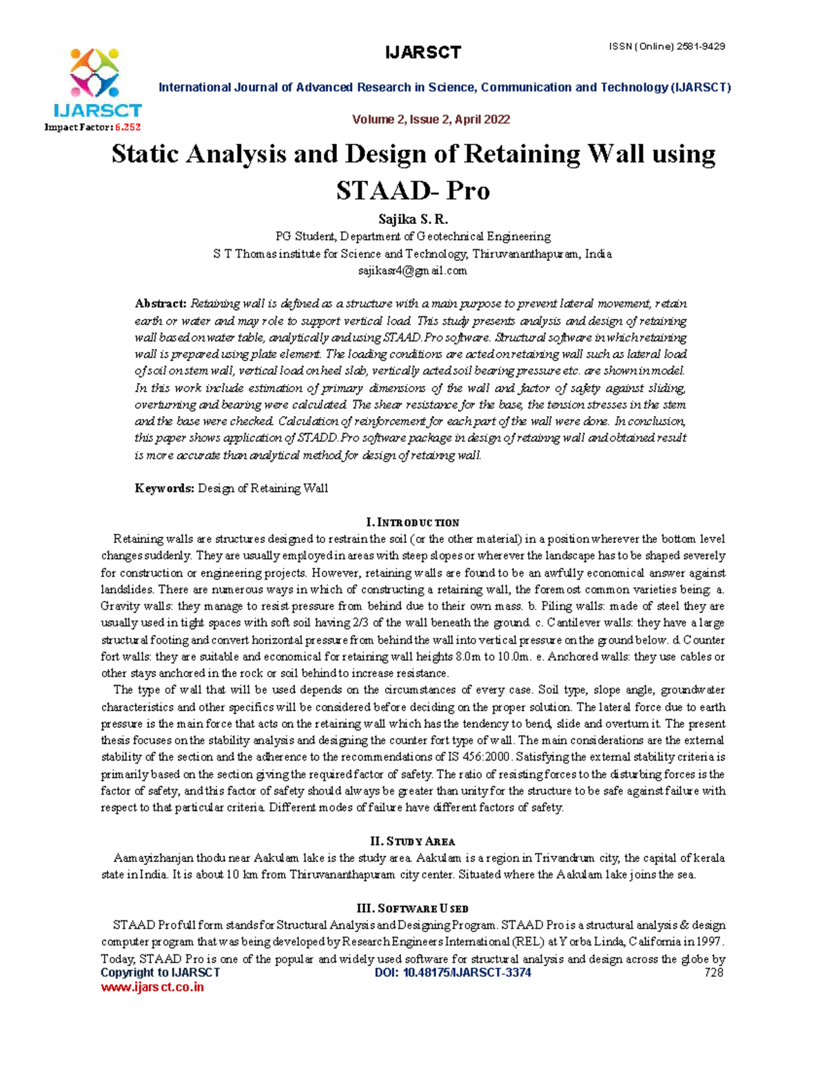 Static Analysis and Design of Retaining Wall Using STAAD.Pro (IJARSCT ...