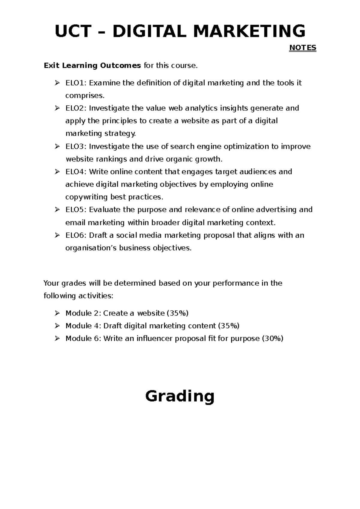 UCT DIGITAL MARKETING NOTES: Key Learning Outcomes & Grading Criteria ...