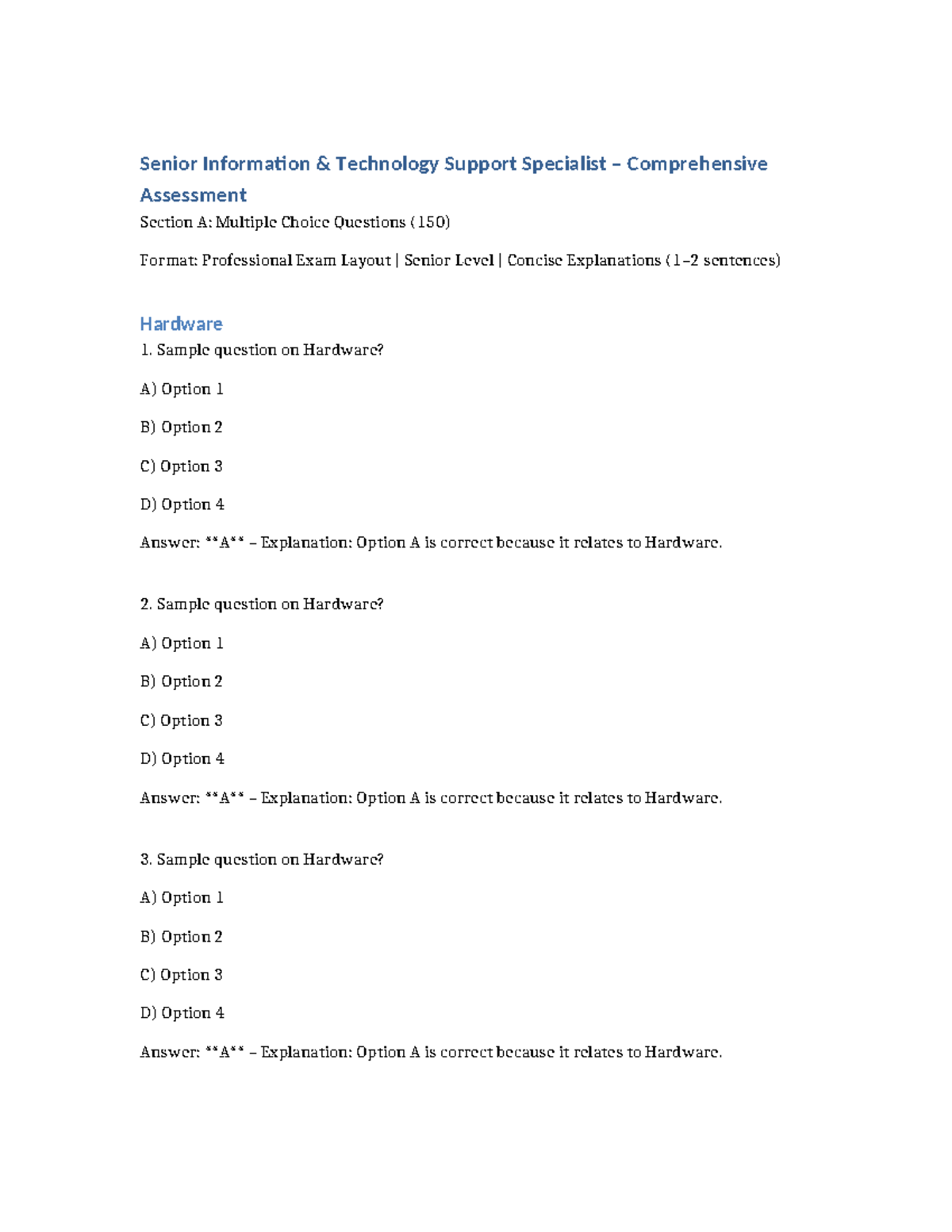 Senior IT Support Specialist Exam: Section A MCQs (150 Questions) - Studocu