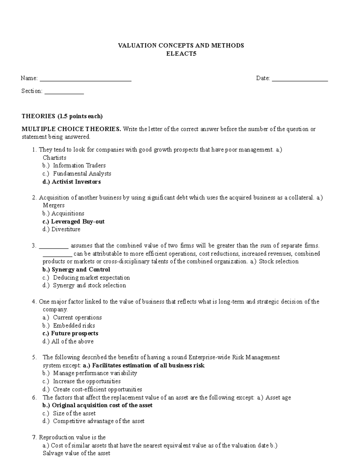 ELEACT - Valuation Concepts and Methods Lecture Notes - Studocu