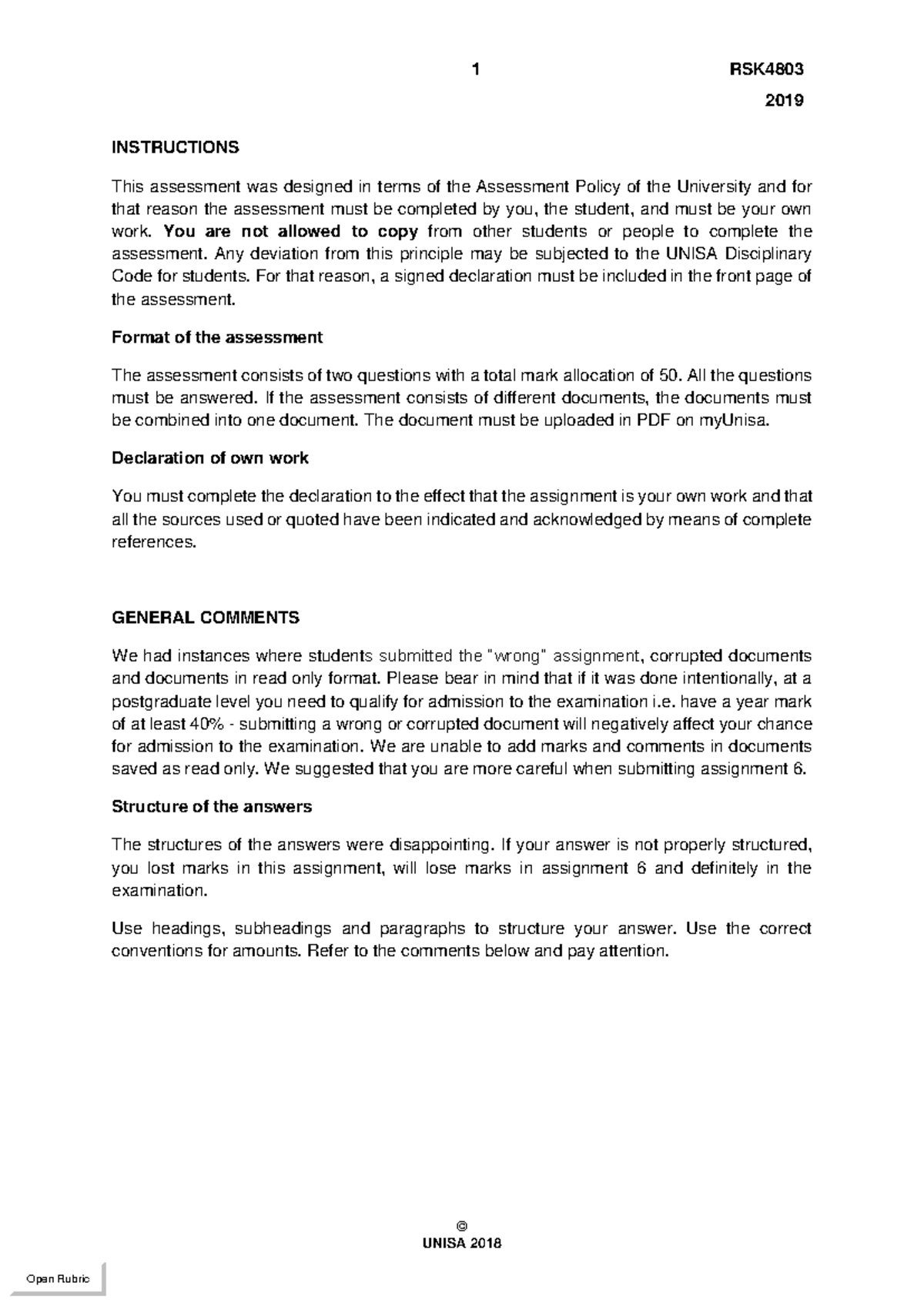 RSK4803 2019 Assignment 4 Suggested Solutions and Comments - Studocu