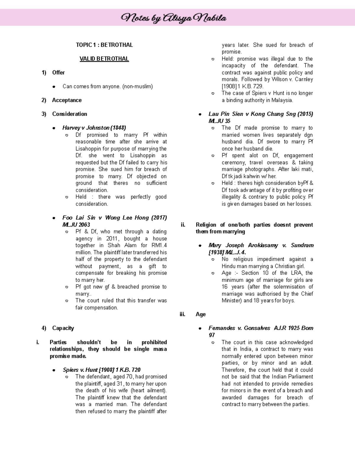 LAW581 FAM LAW Betrothal & Marriage Notes: Key Concepts & Cases - Studocu
