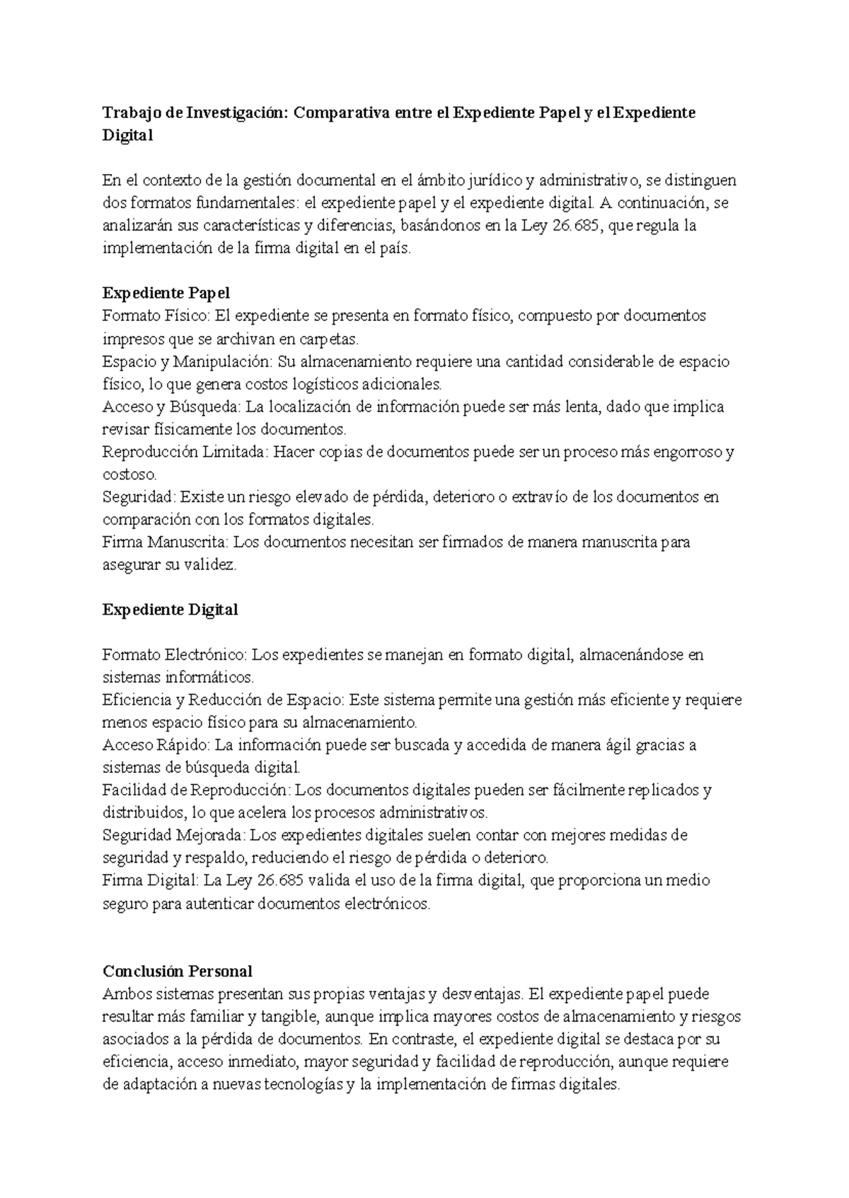 Trabajo de Investigación: Comparativa Expediente Papel vs Digital - Studocu