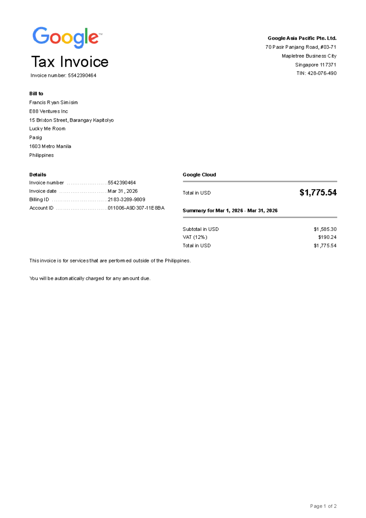 Invoice 5542390464 - Google Cloud Services - ECE - Studocu