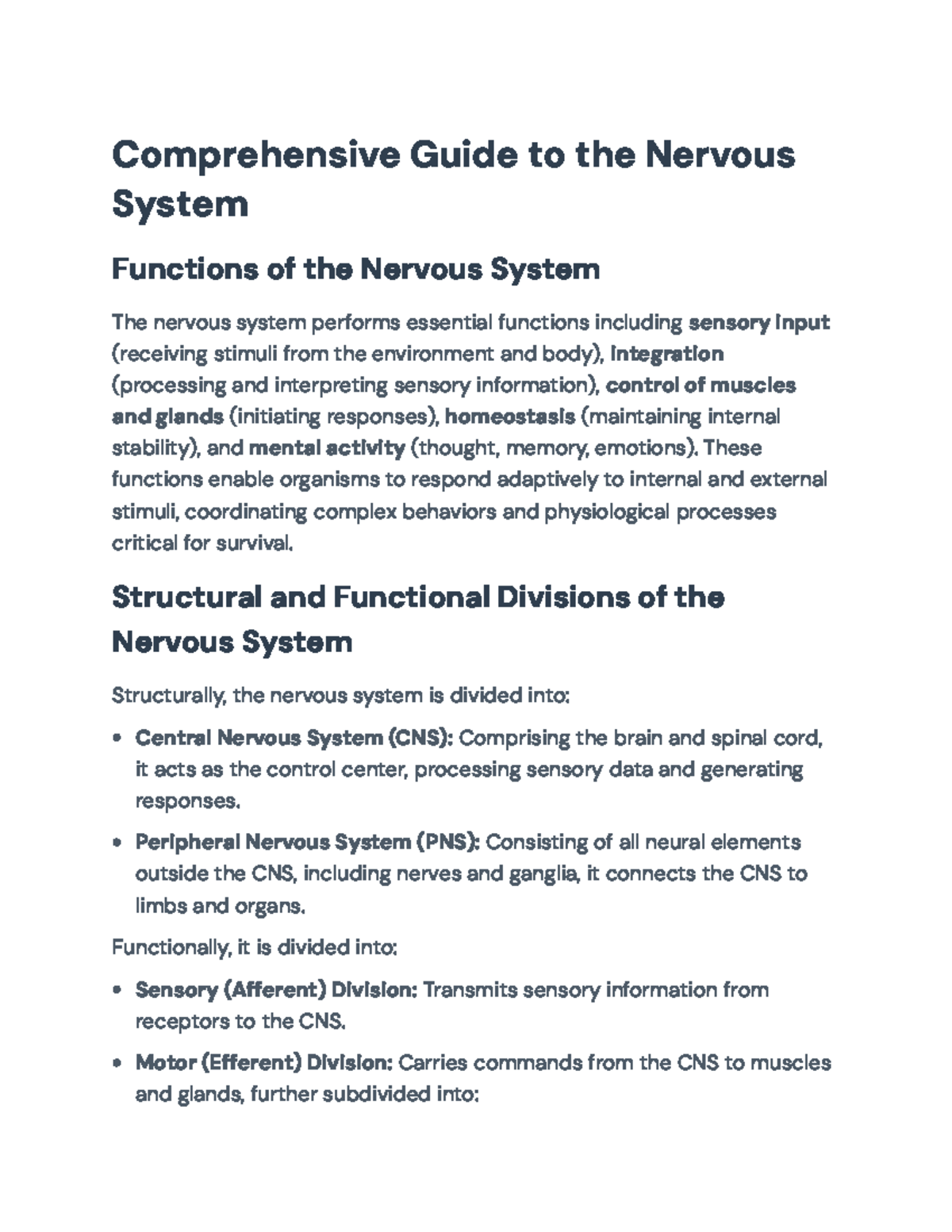 Comprehensive Guide to the Nervous System: Functions & Structures - Studocu