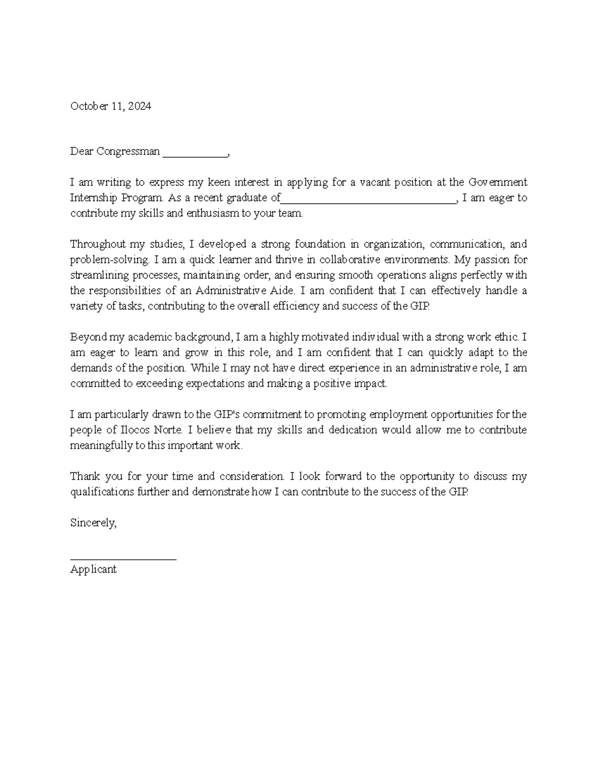 Application Letter for Government Internship Program - October 2024 ...