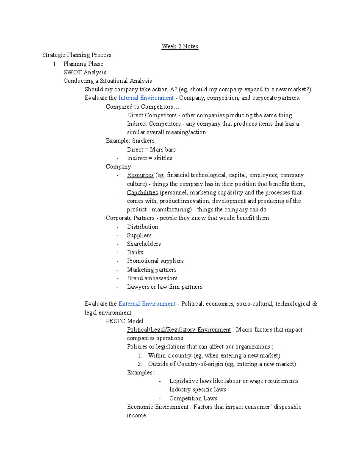 Week 2 MKT 100 Lecture Notes: Strategic Planning & SWOT Analysis - Studocu