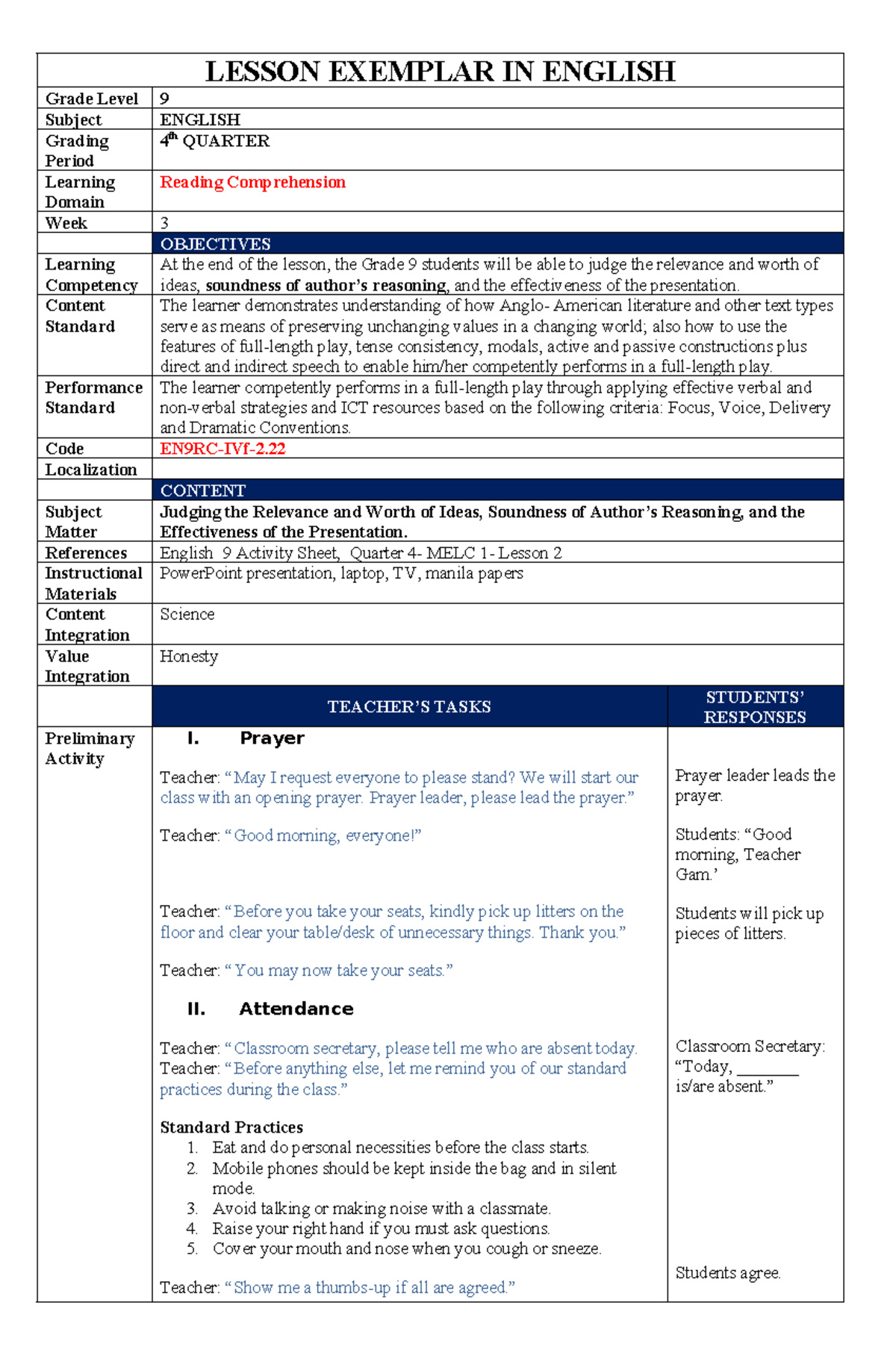 Lessonplanonauthor' Sreasoning - LESSON EXEMPLAR IN ENGLISH Grade Level ...