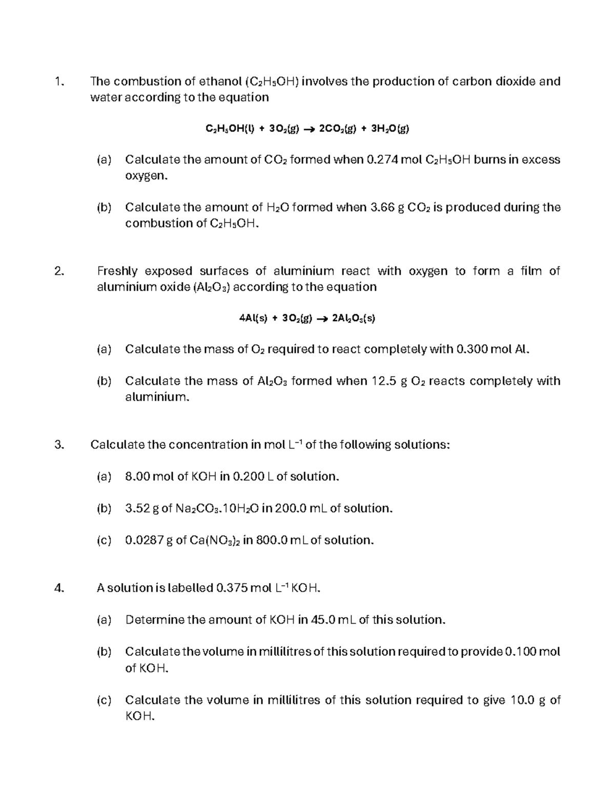 Extra Problem Sheet: Chemistry Concepts and Calculations - Studocu
