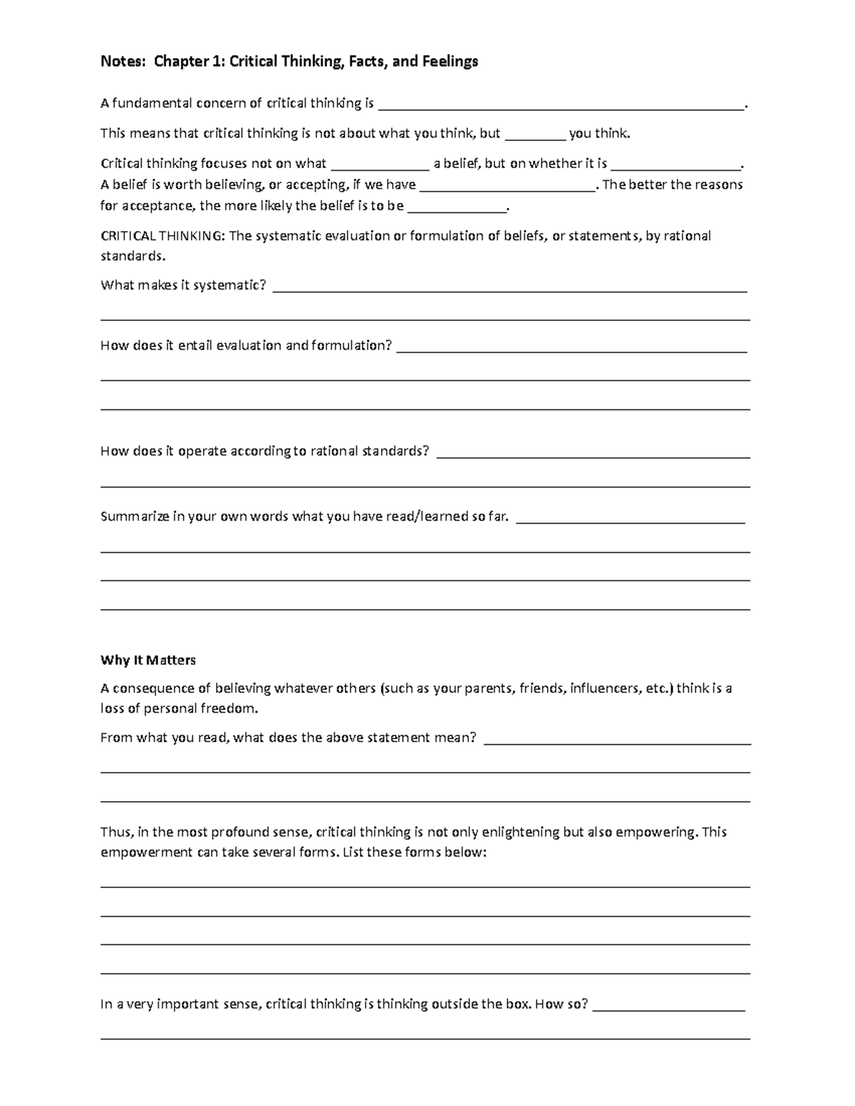 Chapter 1 Guided Reading Notes 1 - Notes: Chapter 1: Critical Thinking ...