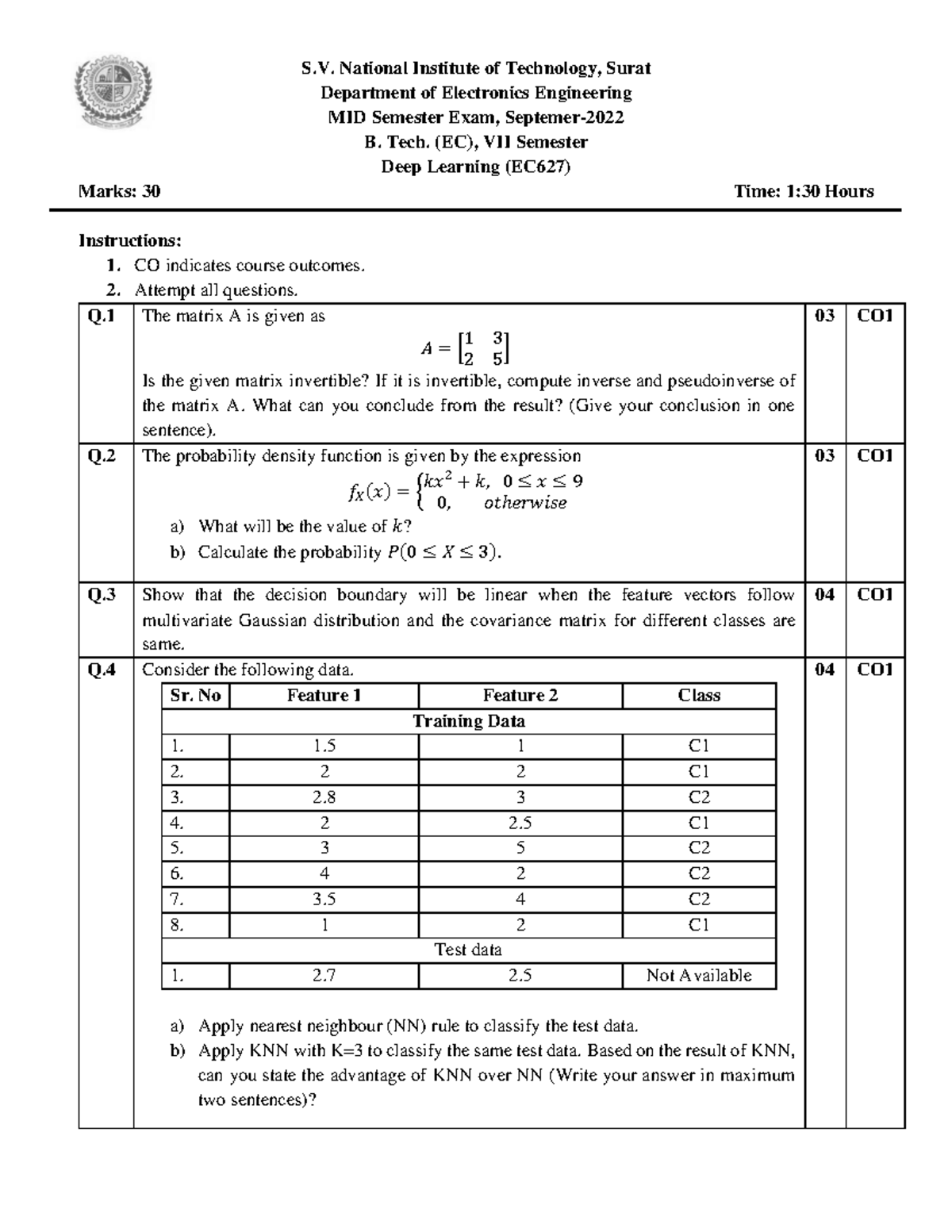DL Midsem Exam (EC 627) - Matrix Invertibility & Probability Functions ...