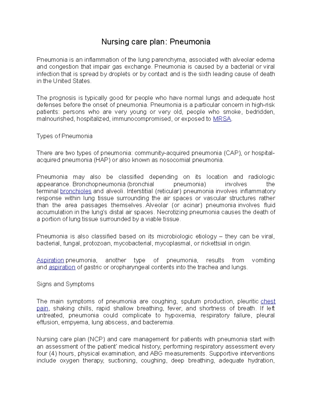 Nursing care plan pneumonia - Nursing care plan: Pneumonia Pneumonia is ...
