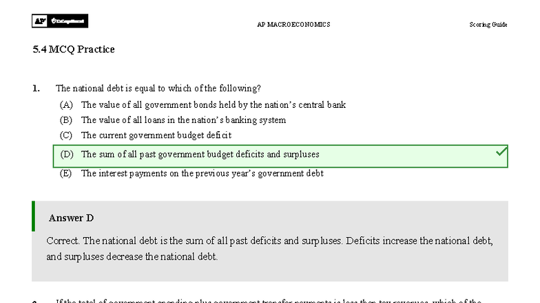 AP MACROECONOMICS 5.4 MCQ Practice Answers and Explanations - Studocu