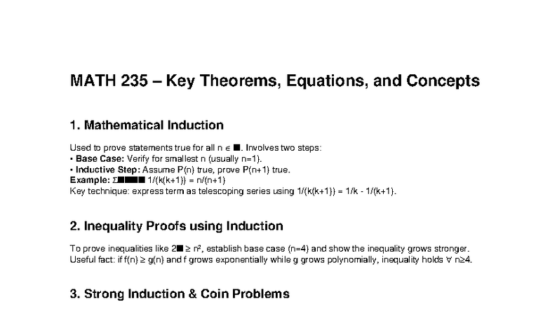 MATH 235 Key Theorems, Induction, and Proof Techniques - Studocu