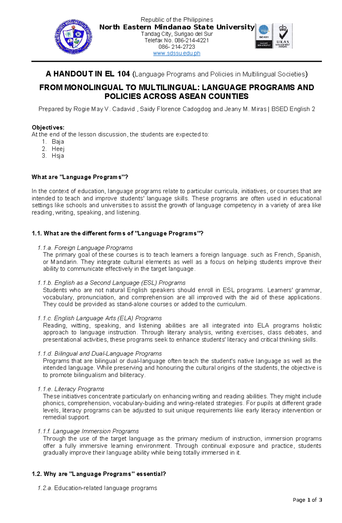 EL 104 Handout: Language Programs & Policies in ASEAN Countries - Studocu