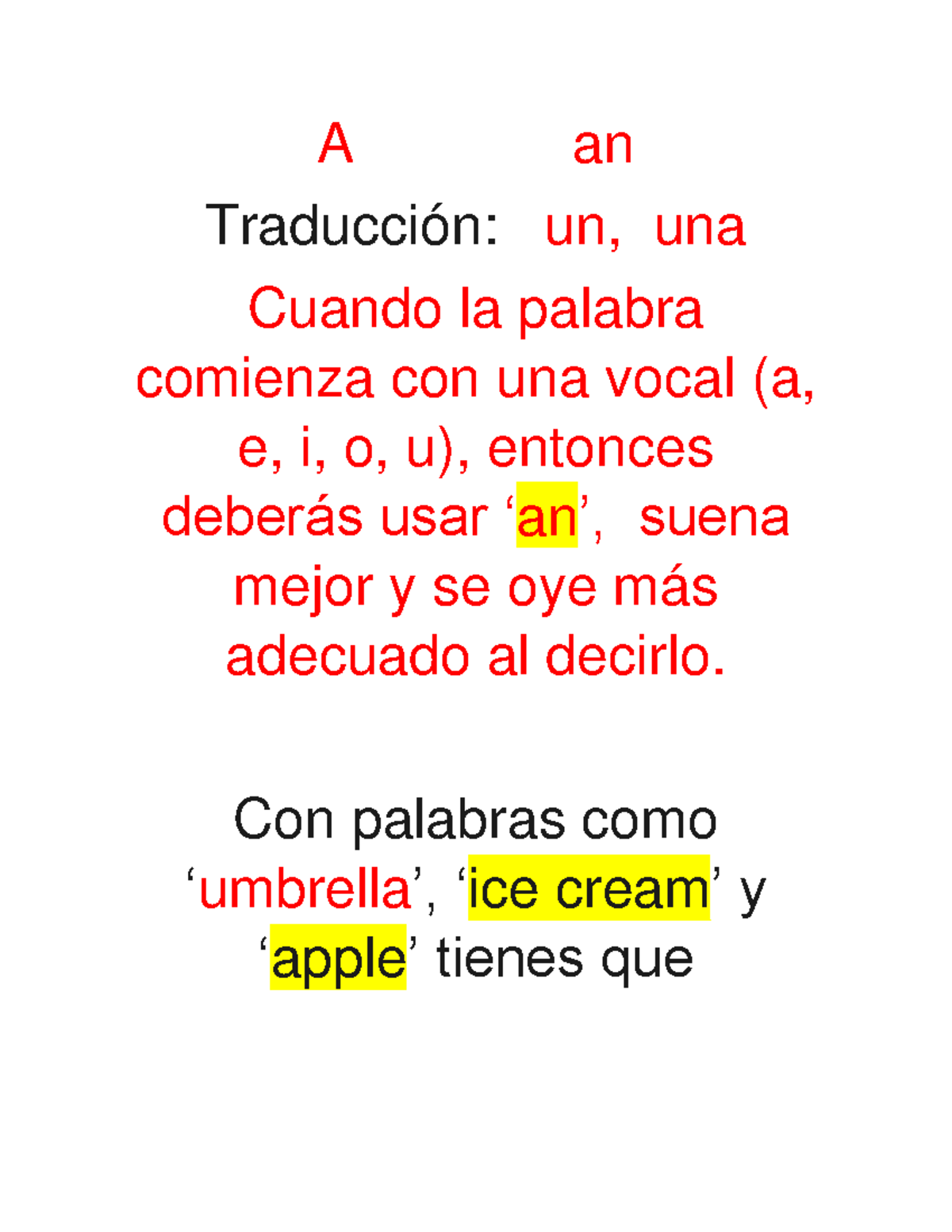 1 Using a and and in English - ingles - A an Traducción: un, una Cuando ...
