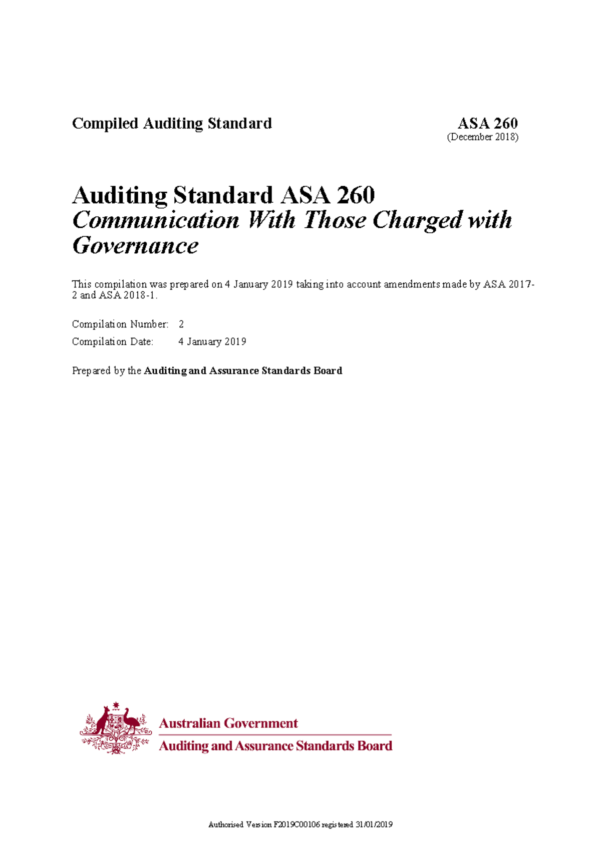 ASA 260 Compiled Auditing Standard - Communication with Governance ...