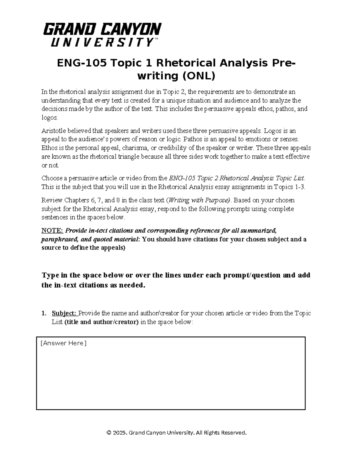 ENG 105ONL T1 Rhetorical Analysis Pre-Writing Exercise Guide - Studocu