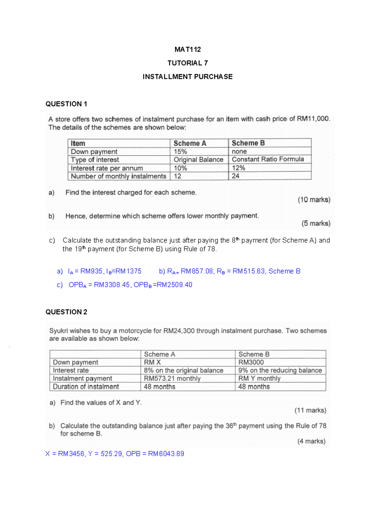MAT112 Tutorial 7: Installment Purchase Calculations and Questions ...