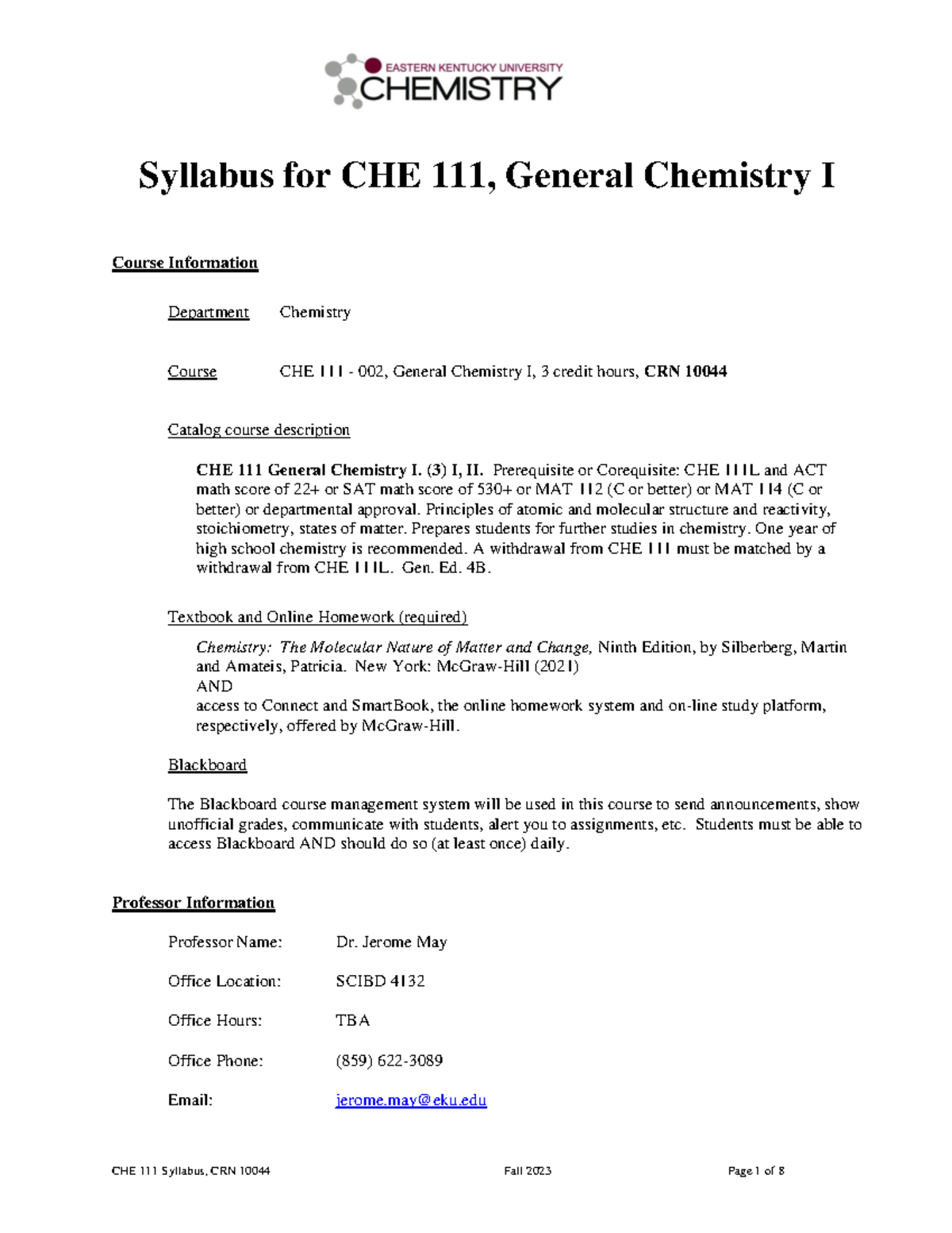 Syllabus for CHE 111-002 General Chemistry I - Fall 2023 - Studocu